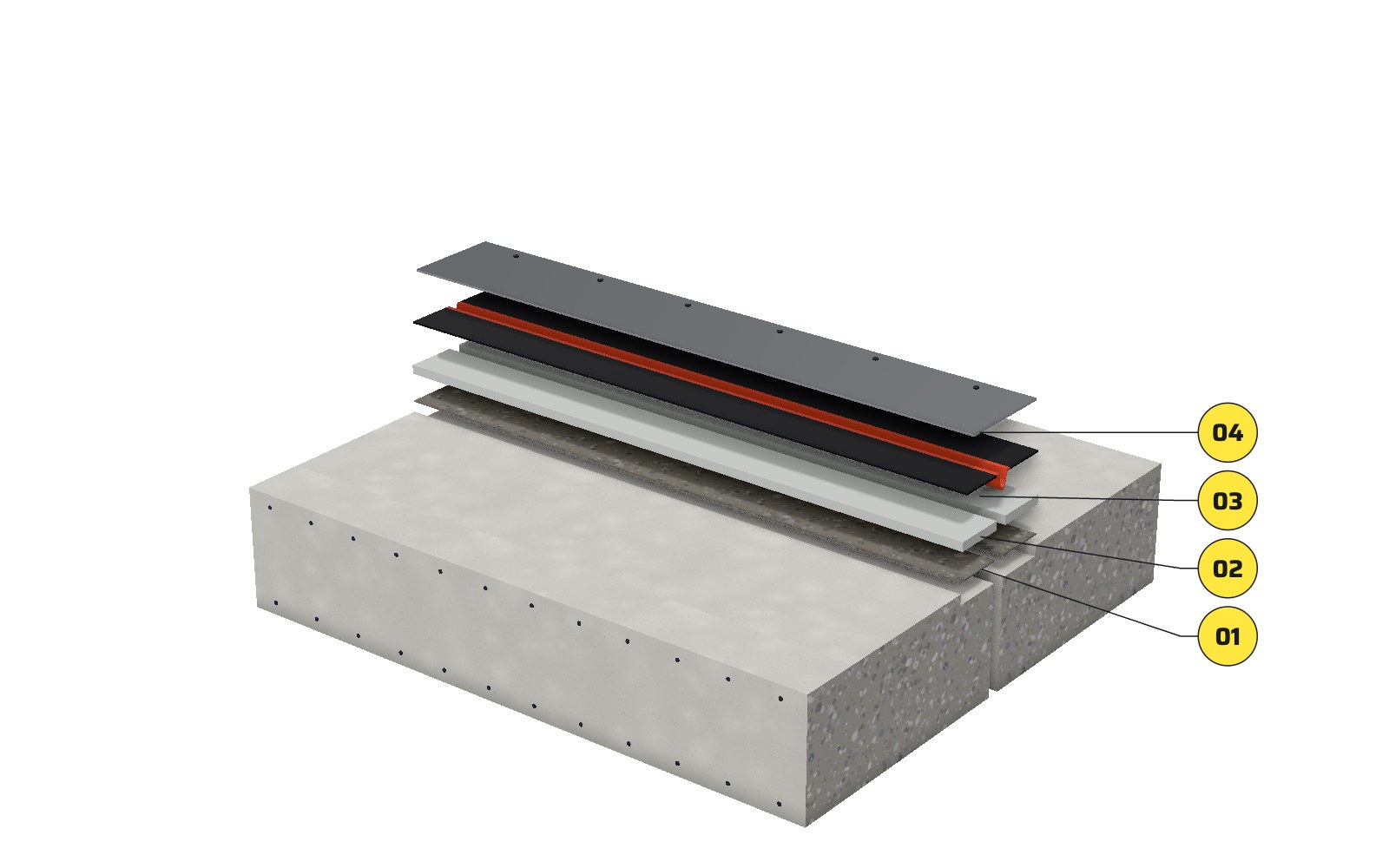 The expansion joint build-up drawn exploded: two slabs with a gap, scarified recesses, grout nosings, primer, deck coating, the looped joint membrane and the cover plate