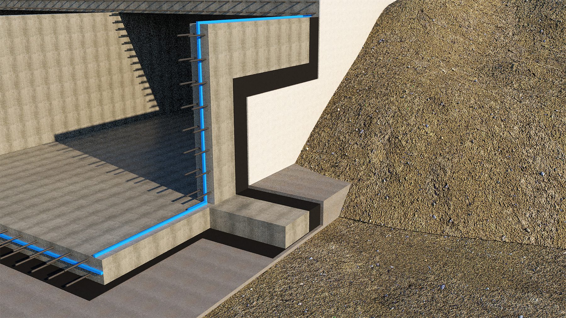 Cutaway of a basement slab and wall against earth showing sheet membrane, waterstop and protection board